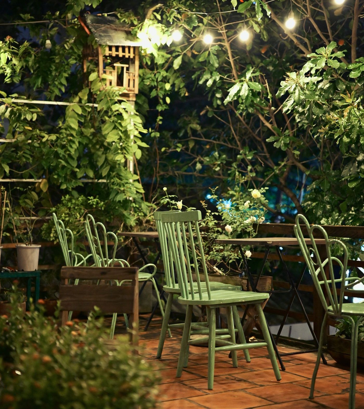 Illustrative stock photo of a garden terrace lit with string lights at night